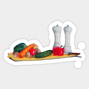 quirky still life art peppers and vegetables Sticker